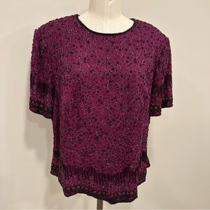 PAPELL BOUTIQUE Beaded Silk Short Sleeved Magenta Purple Top Size 1X